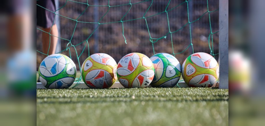 Kunstrasen auf dem fünf bunte Fußbälle vor einem Netz liegen